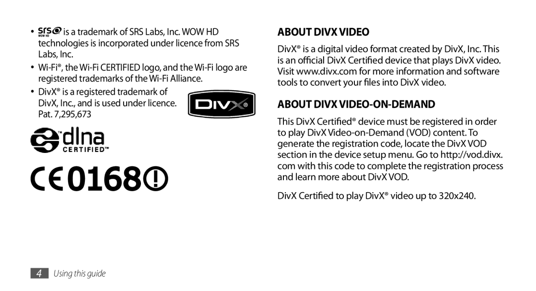 Samsung GT-I5800DKAVGF manual About Divx Video About Divx VIDEO-ON-DEMAND, DivX Certified to play DivX video up to 