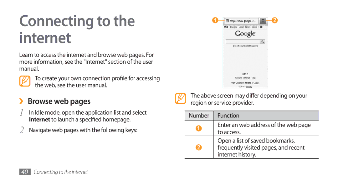 Samsung GT-I5800DKASEB, GT-I5800DKADTM, GT-I5800DKADBT, GT-I5800DKAATO manual Connecting to the internet, ›› Browse web pages 