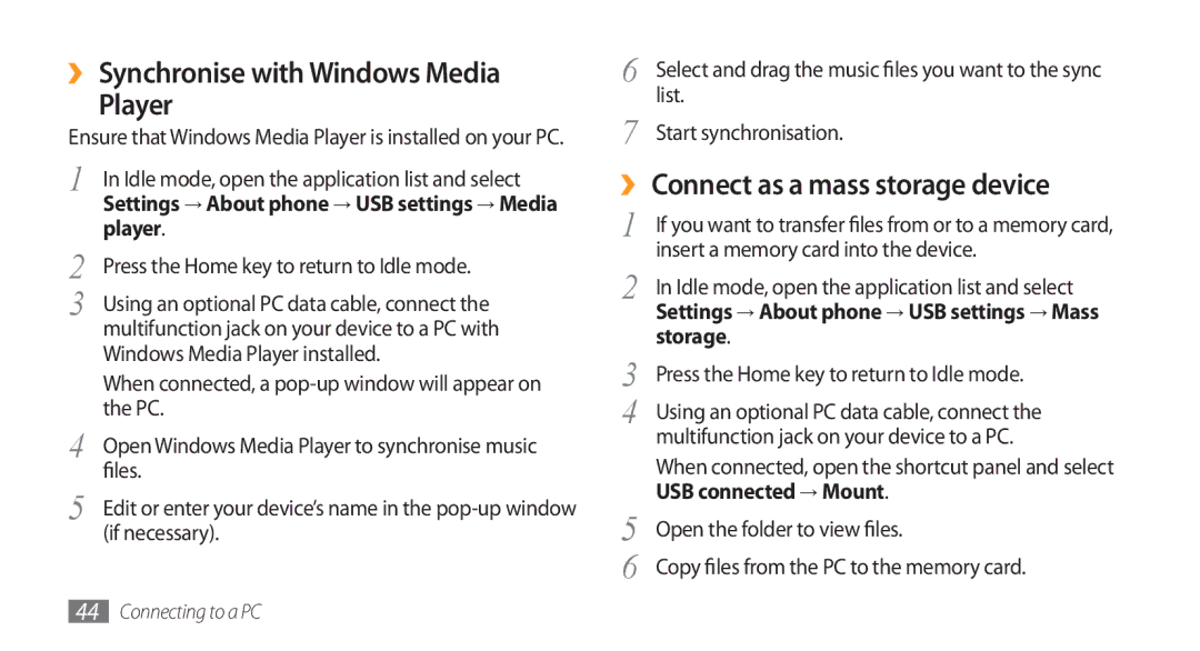 Samsung GT-I5800DKACOS manual ›› Synchronise with Windows Media Player, ›› Connect as a mass storage device, Storage 