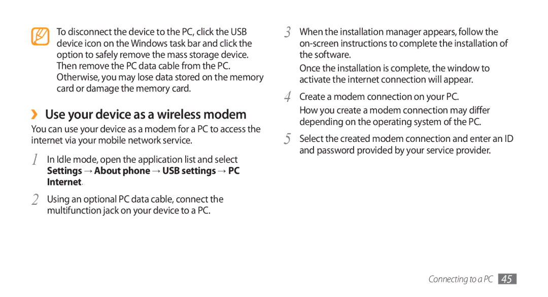 Samsung GT-I5800DKAVGR manual Software, Activate the internet connection will appear, Create a modem connection on your PC 