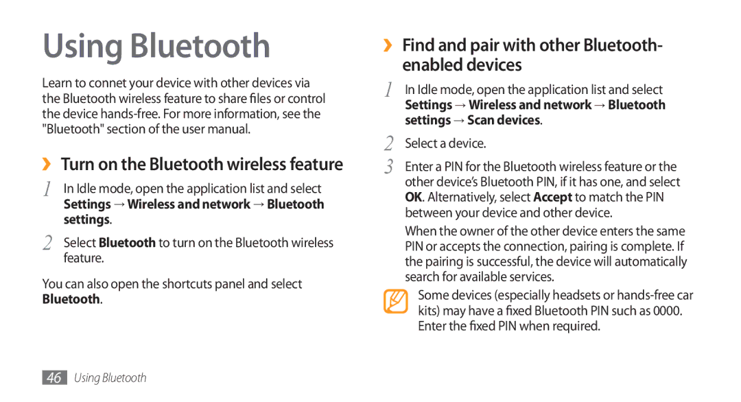 Samsung GT-I5800DKAEUR manual Using Bluetooth, ›› Find and pair with other Bluetooth- enabled devices, Settings, Feature 