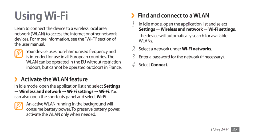 Samsung GT-I5800DKACYO, GT-I5800DKADTM manual Using Wi-Fi, ›› Activate the Wlan feature, ›› Find and connect to a Wlan 