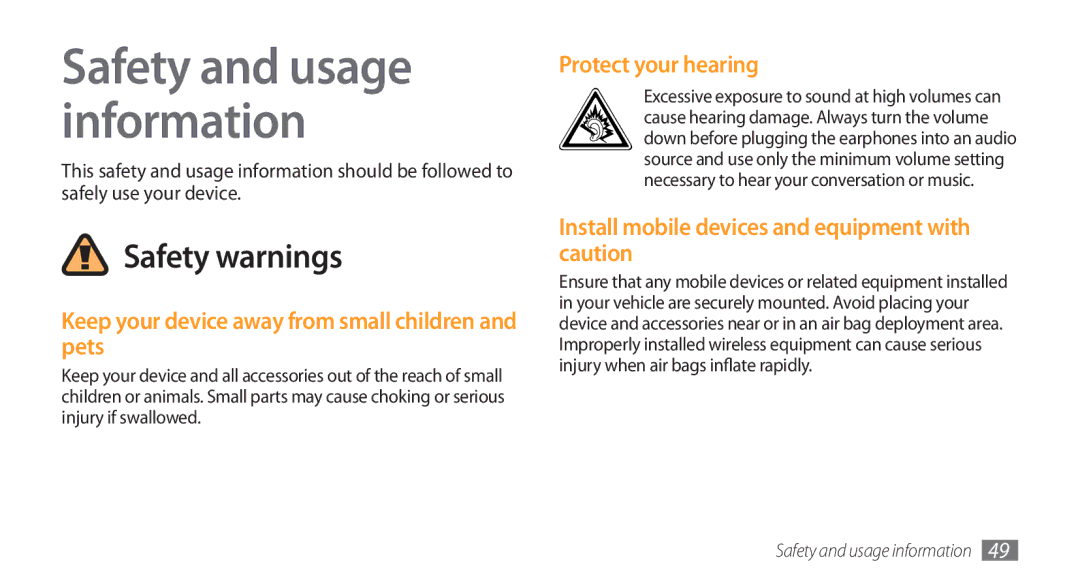 Samsung GT-I5800CWASER, GT-I5800DKADTM manual Keep your device away from small children and pets, Protect your hearing 