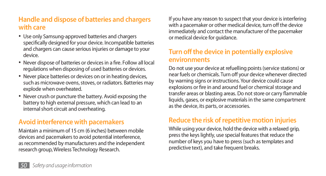 Samsung GT-I5800DKADTM manual Handle and dispose of batteries and chargers with care, Avoid interference with pacemakers 