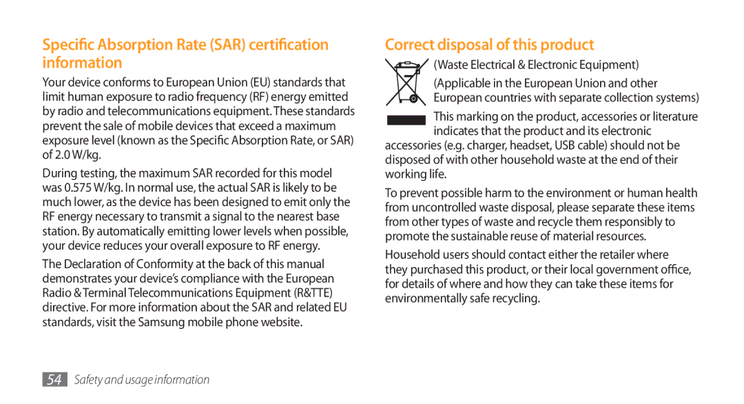 Samsung GT-I5800DKAVGF manual Specific Absorption Rate SAR certification information, Correct disposal of this product 