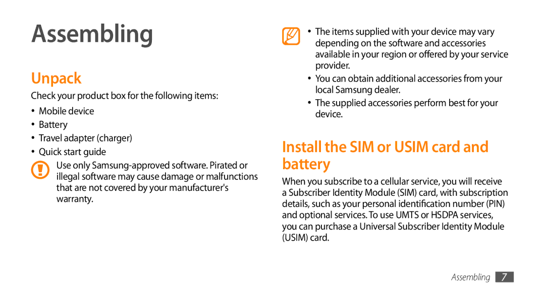 Samsung GT-I5800DKAXEF, GT-I5800DKADTM, GT-I5800DKADBT manual Assembling, Unpack, Install the SIM or Usim card and battery 