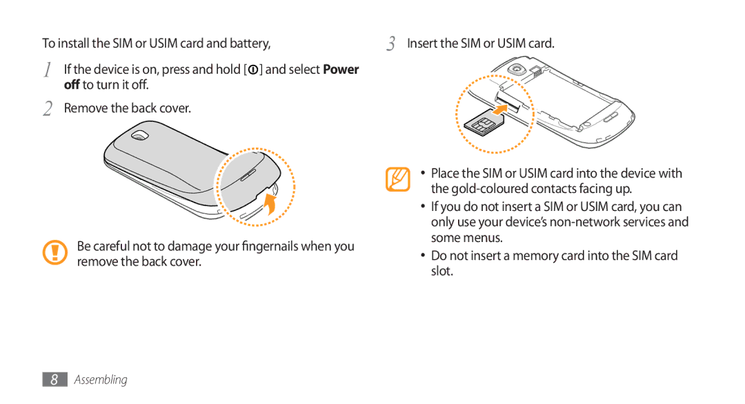 Samsung GT-I5800DKABOG manual Off to turn it off Remove the back cover, Gold-coloured contacts facing up, Some menus, Slot 