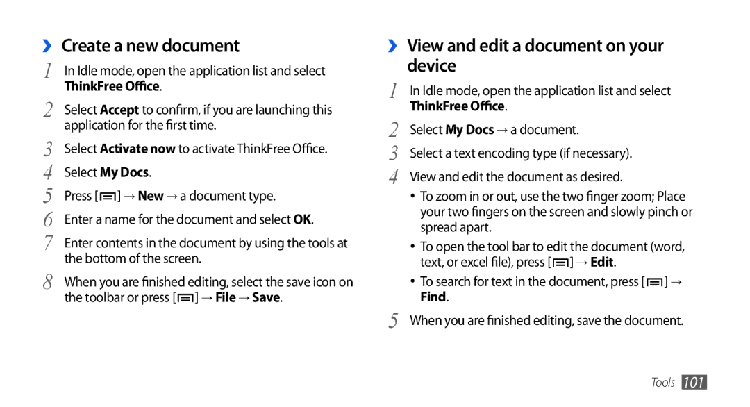 Samsung GT-I5800CWAPRO manual ›› Create a new document, ›› View and edit a document on your device, ThinkFree Office 