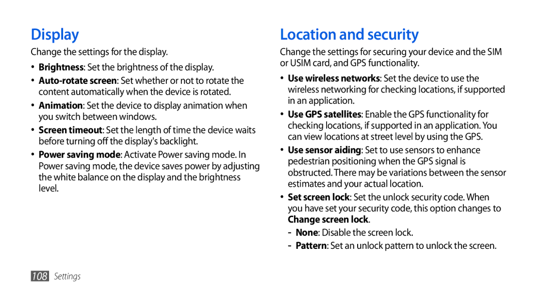 Samsung GT-I5800CWASEB, GT-I5800DKADTM, GT-I5800DKADBT, GT-I5800DKAATO, GT-I5800DKAXEG manual Display, Location and security 