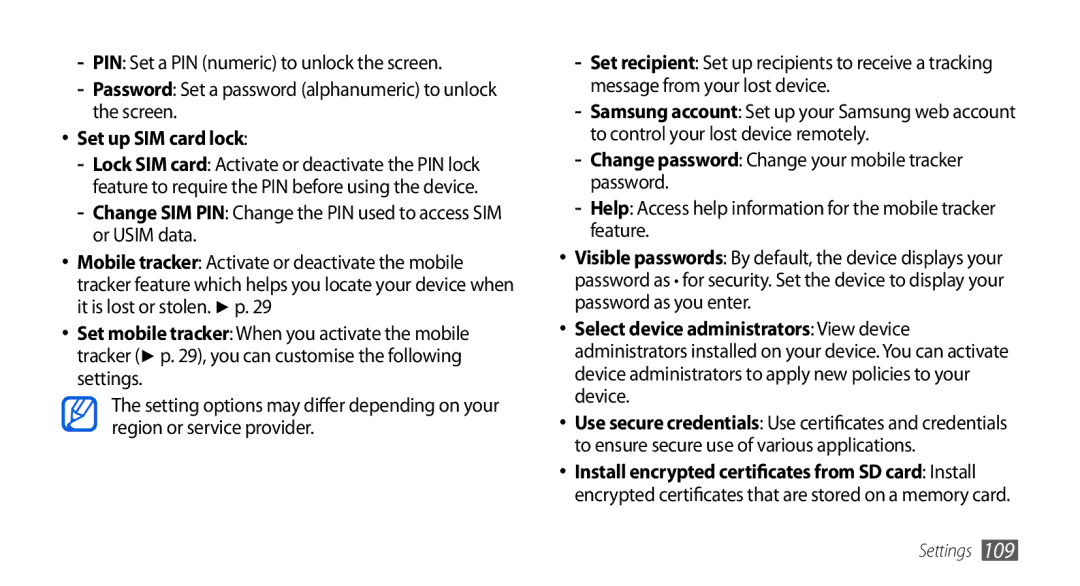 Samsung GT-I5800DKACOS, GT-I5800DKADTM manual Set up SIM card lock, Change password Change your mobile tracker password 