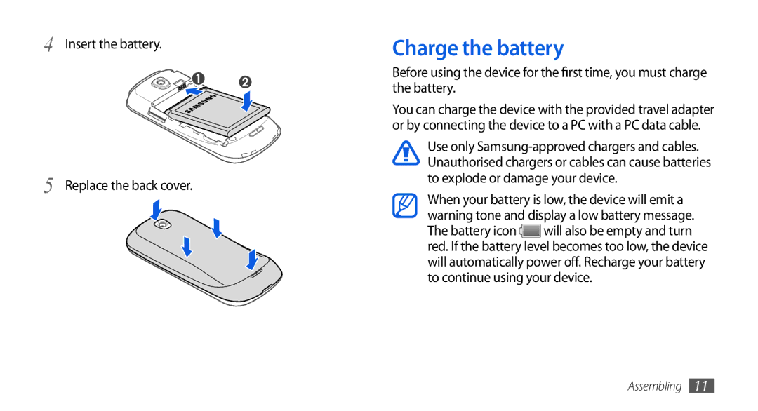 Samsung GT-I5800DKAYOG, GT-I5800DKADTM, GT-I5800DKADBT manual Charge the battery, Insert the battery Replace the back cover 