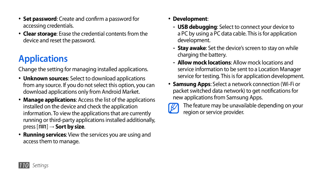 Samsung GT-I5800DKAVGR, GT-I5800DKADTM, GT-I5800DKADBT, GT-I5800DKAATO, GT-I5800DKAXEG manual Applications, Development 