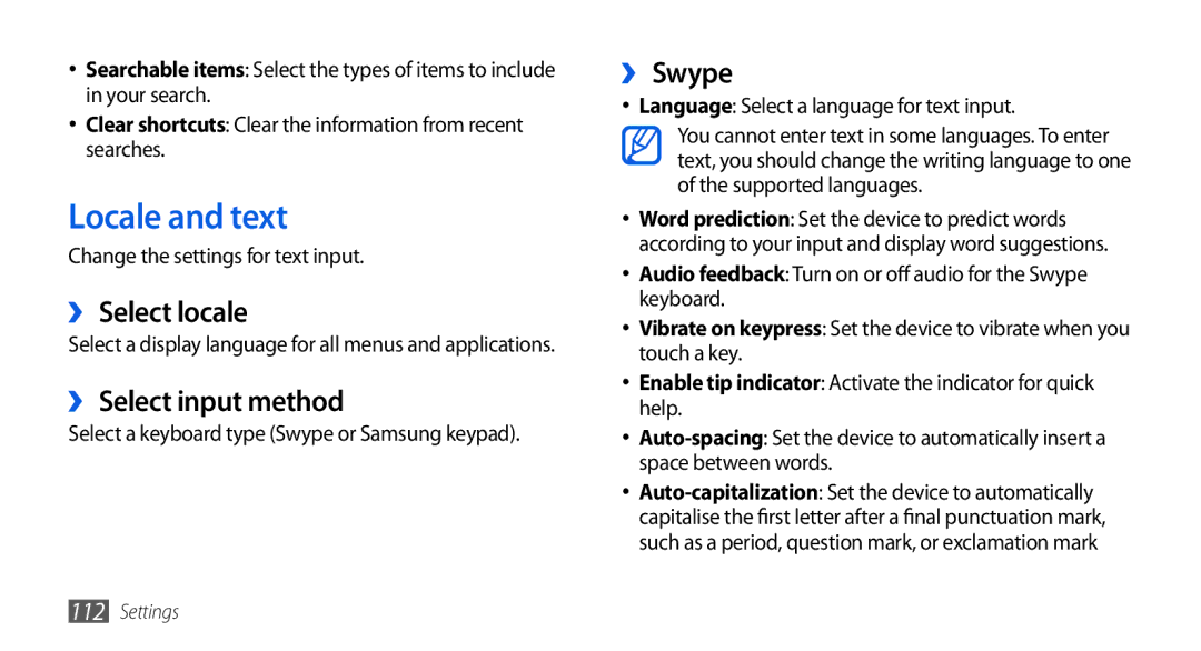 Samsung GT-I5800DKACYO, GT-I5800DKADTM, GT-I5800DKADBT Locale and text, ›› Select locale, ›› Select input method, ›› Swype 