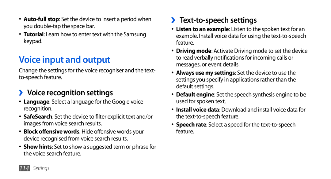 Samsung GT-I5800CWASER, GT-I5800DKADTM Voice input and output, ›› Voice recognition settings, ›› Text-to-speech settings 