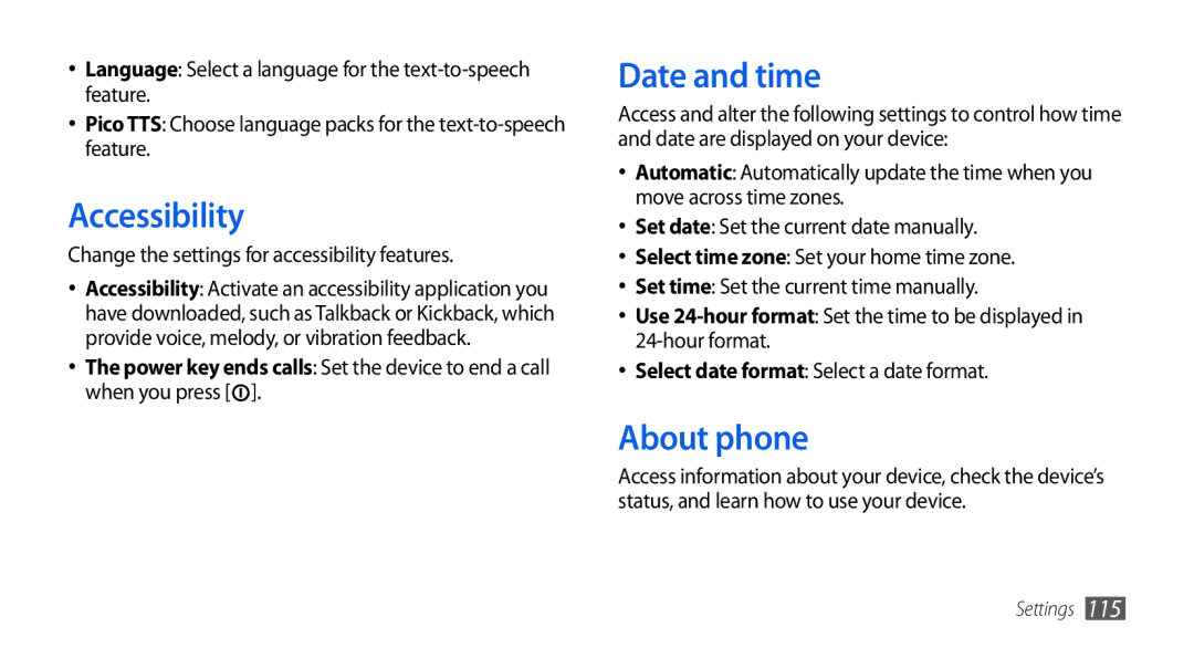 Samsung GT-I5800DKADTM manual Accessibility, Date and time, About phone, Change the settings for accessibility features 