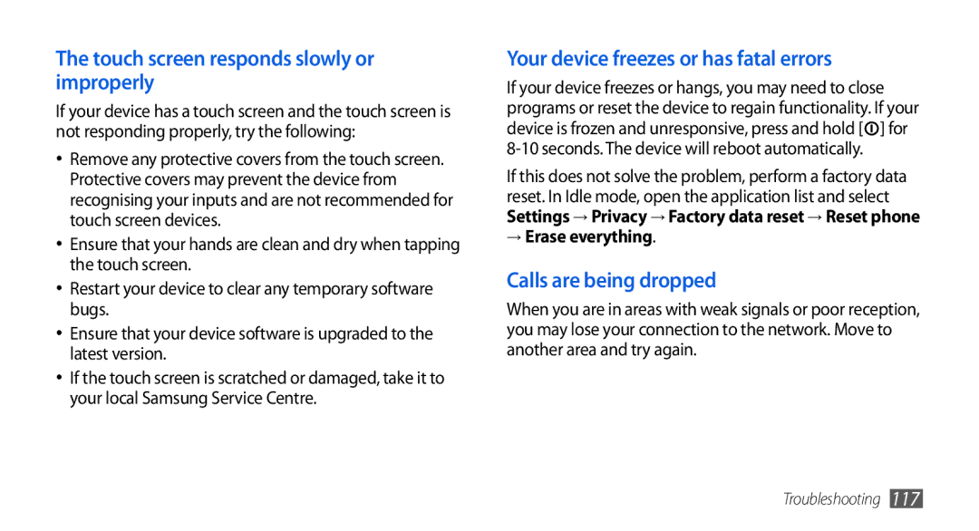 Samsung GT-I5800DKAATO, GT-I5800DKADTM Touch screen responds slowly or improperly, Your device freezes or has fatal errors 