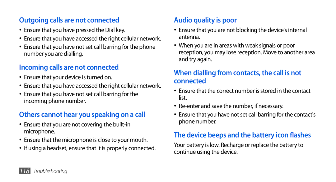 Samsung GT-I5800DKAXEG manual Outgoing calls are not connected, Incoming calls are not connected, Audio quality is poor 