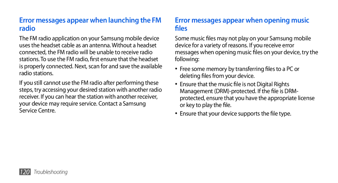 Samsung GT-I5800DKAOMN Error messages appear when launching the FM radio, Error messages appear when opening music files 