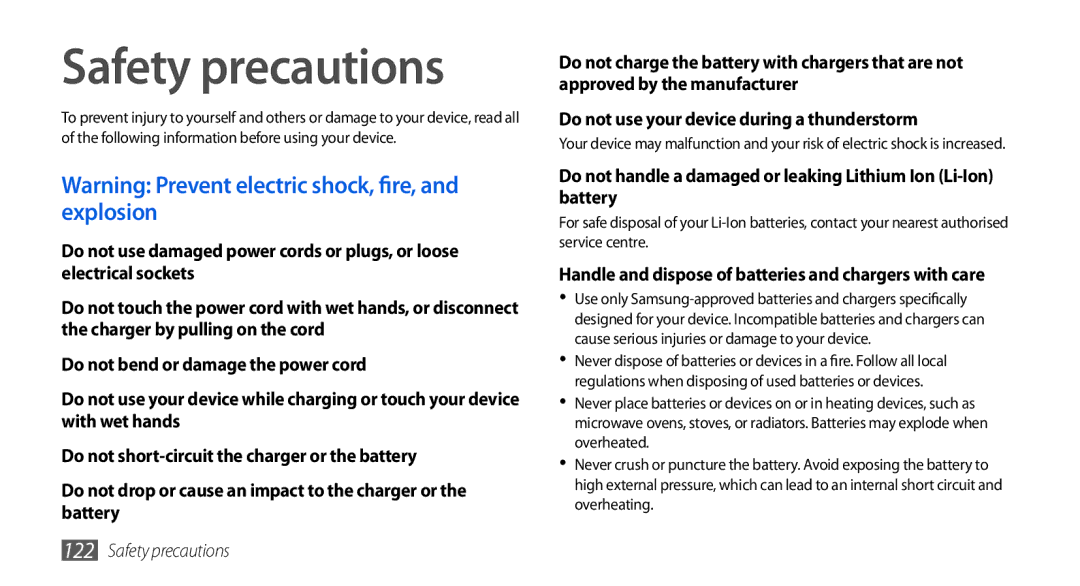 Samsung GT-I5800DKAFOP, GT-I5800DKADTM manual Safety precautions, Handle and dispose of batteries and chargers with care 