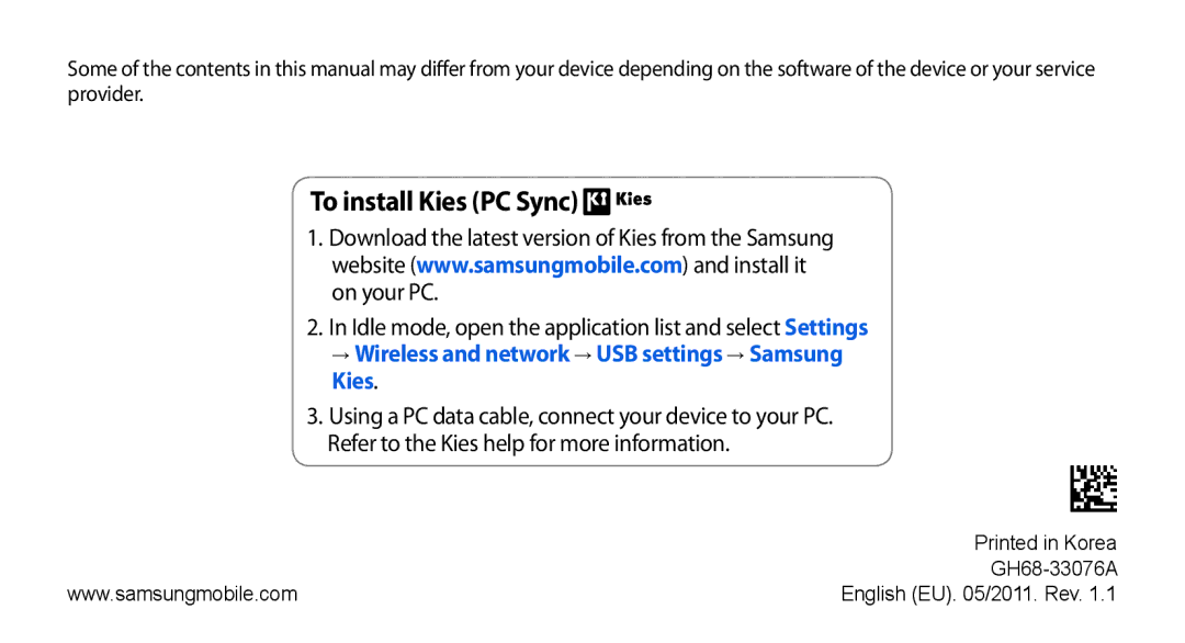 Samsung GT-I5800CWASER, GT-I5800DKADTM manual To install Kies PC Sync, → Wireless and network → USB settings → Samsung Kies 