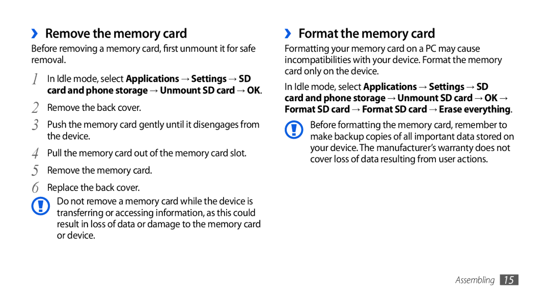 Samsung GT-I5800DKAIRD, GT-I5800DKADTM, GT-I5800DKADBT, GT-I5800DKAATO ›› Remove the memory card, ›› Format the memory card 