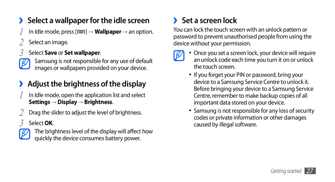 Samsung GT-I5800CWAOMN manual ›› Adjust the brightness of the display, ›› Set a screen lock, Select Save or Set wallpaper 