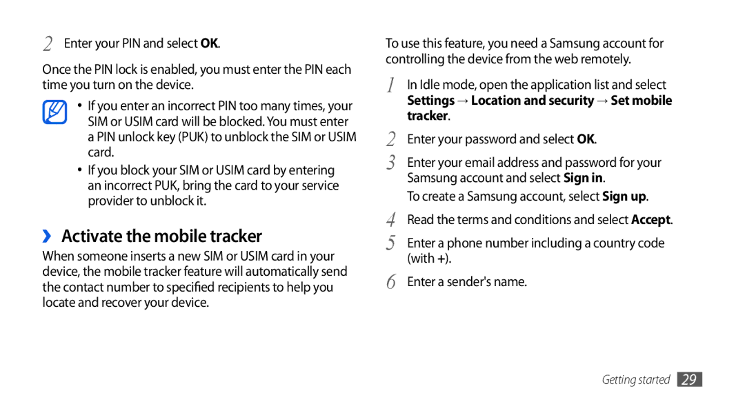 Samsung GT-I5800CWAOPT, GT-I5800DKADTM, GT-I5800DKADBT, GT-I5800DKAATO manual ›› Activate the mobile tracker, Tracker 