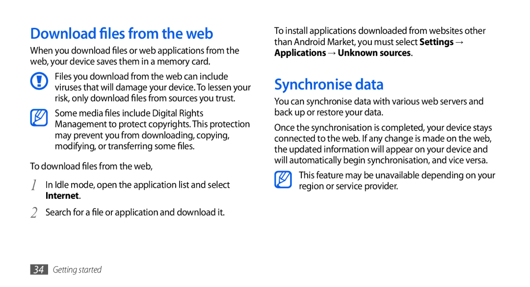 Samsung GT-I5800DKAYOG manual Download files from the web, Synchronise data, To download files from the web, Internet 