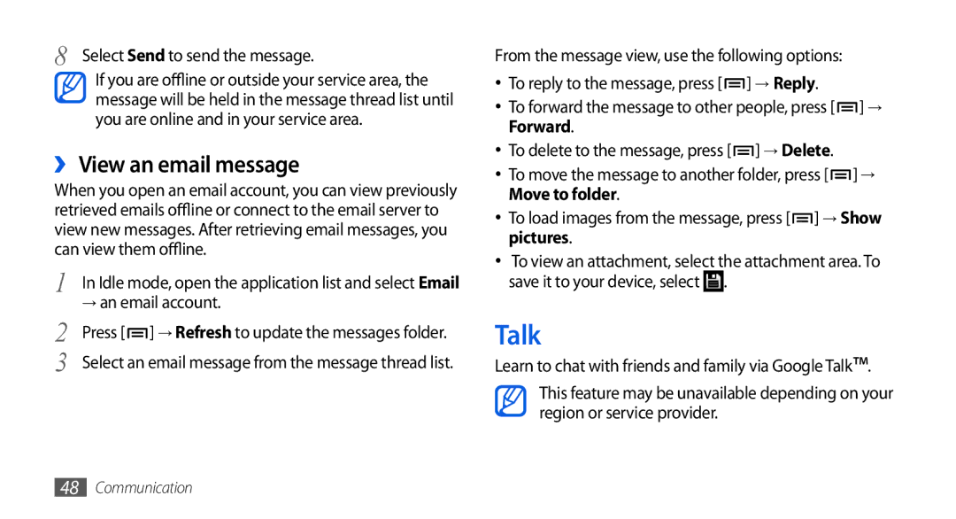 Samsung GT-I5800DKAATO, GT-I5800DKADTM, GT-I5800DKADBT, GT-I5800DKAXEG, GT-I5800CWAOMN manual Talk, ›› View an email message 