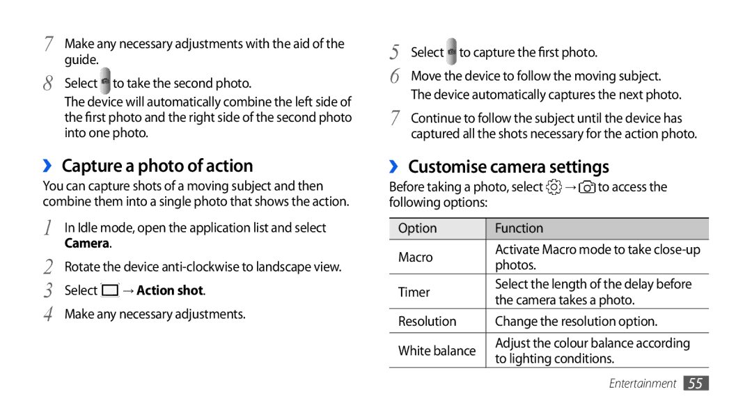 Samsung GT-I5800CWAPRO, GT-I5800DKADTM manual ›› Capture a photo of action, ›› Customise camera settings, → Action shot 