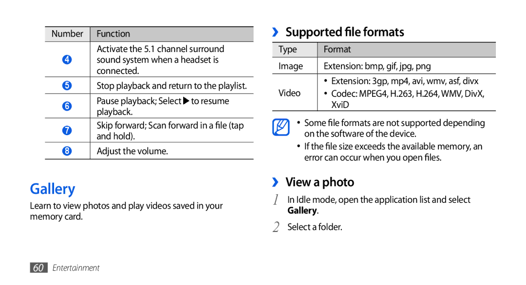 Samsung GT-I5800DKAXEZ, GT-I5800DKADTM, GT-I5800DKADBT Gallery, ›› Supported file formats, ›› View a photo, Select a folder 