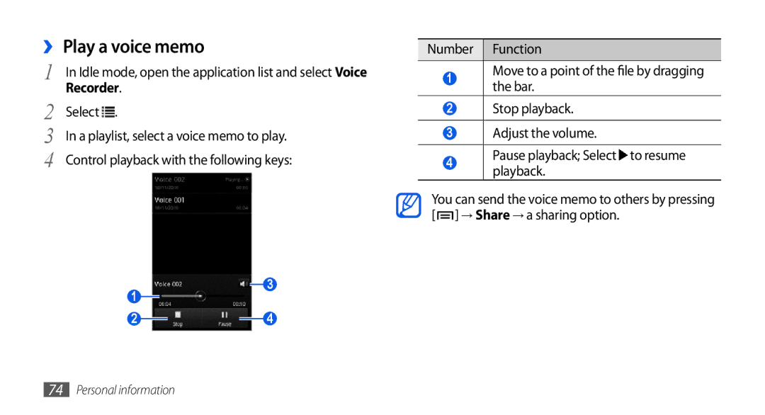 Samsung GT-I5800DKAOMN, GT-I5800DKADTM, GT-I5800DKADBT manual ›› Play a voice memo, A playlist, select a voice memo to play 