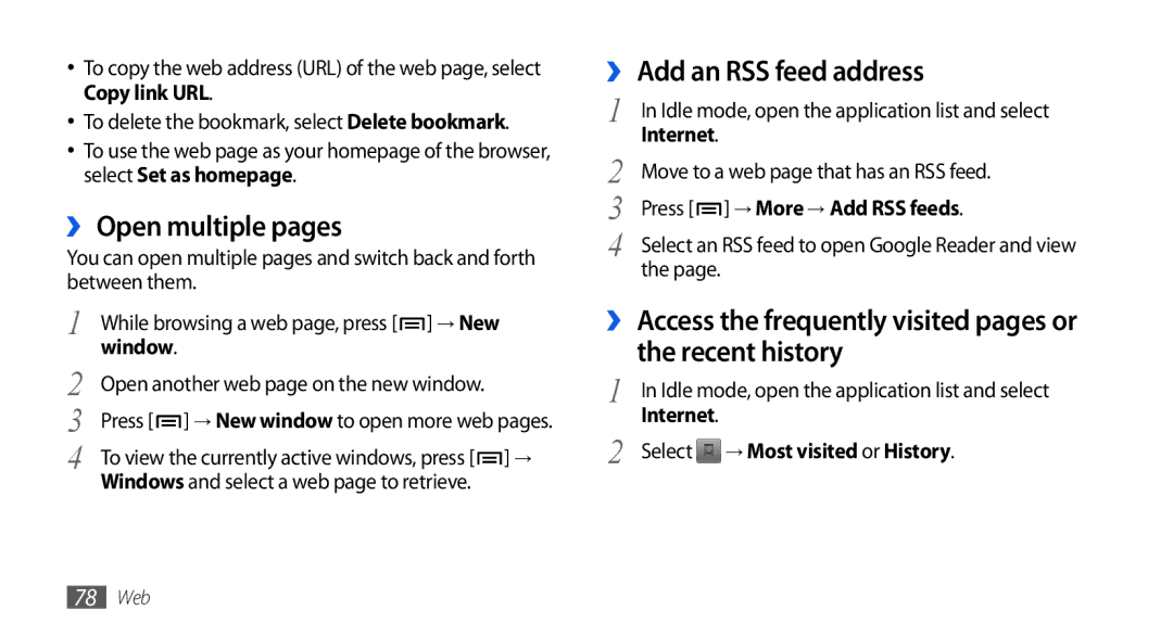 Samsung GT-I5800CWAPRO, GT-I5800DKADTM ›› Open multiple pages, ›› Add an RSS feed address, Press → More → Add RSS feeds 