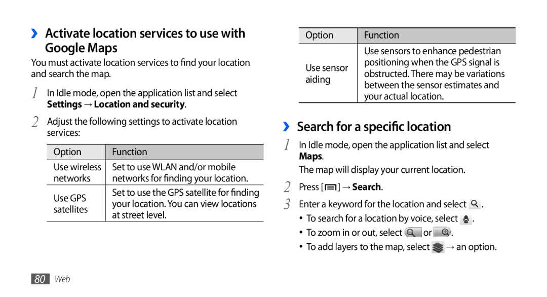 Samsung GT-I5800DKAYOG, GT-I5800DKADTM Google Maps, ›› Search for a specific location, Settings → Location and security 