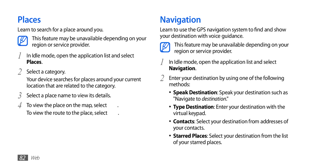 Samsung GT-I5800DKASEB, GT-I5800DKADTM, GT-I5800DKADBT, GT-I5800DKAATO, GT-I5800DKAXEG, GT-I5800CWAOMN manual Places, Navigation 