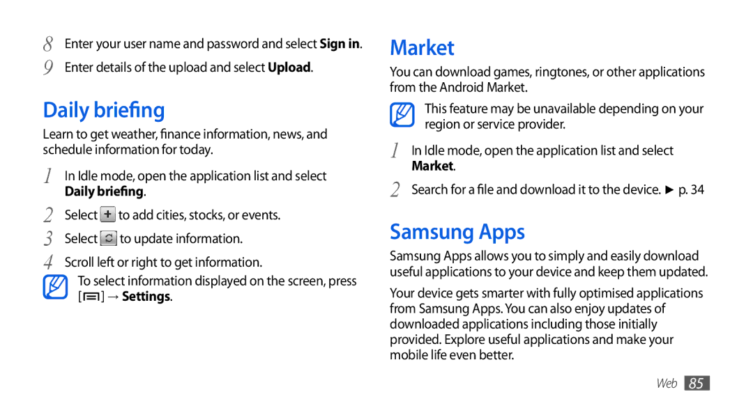 Samsung GT-I5800CWASEB, GT-I5800DKADTM, GT-I5800DKADBT, GT-I5800DKAATO, GT-I5800DKAXEG Daily briefing, Market, Samsung Apps 