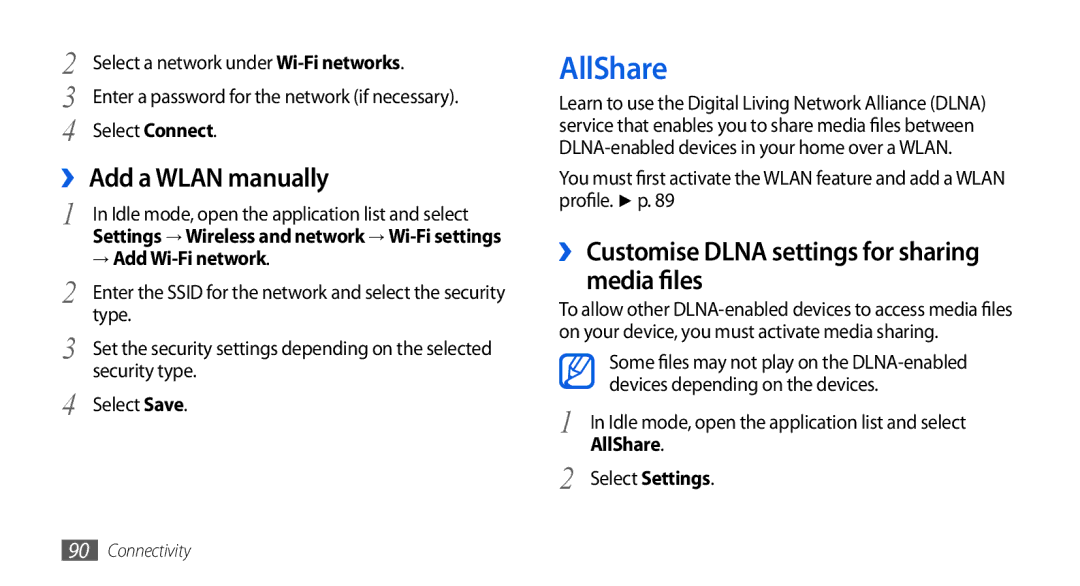 Samsung GT-I5800DKASER AllShare, ›› Add a Wlan manually, ›› Customise Dlna settings for sharing Media files 