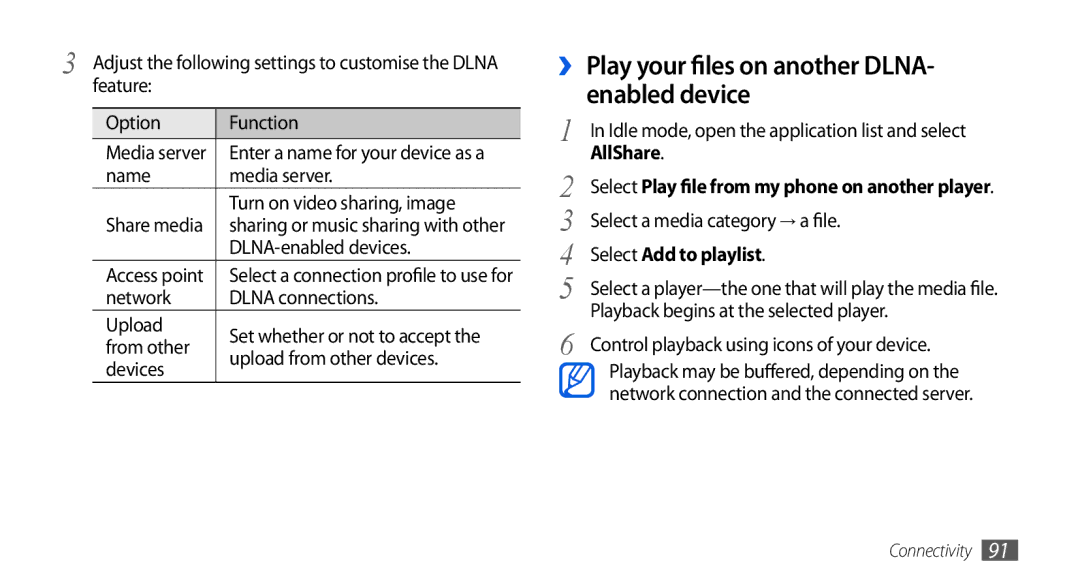 Samsung GT-I5800CWASER, GT-I5800DKADTM manual ›› Play your files on another DLNA- enabled device, Select Add to playlist 