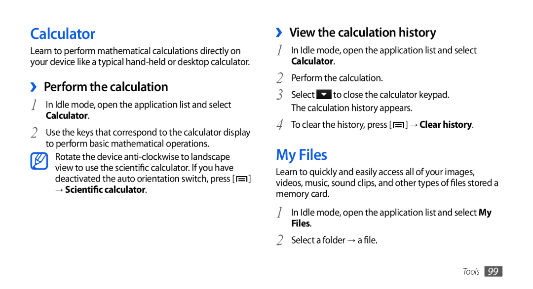 Samsung GT-I5800DKAFOP, GT-I5800DKADTM Calculator, My Files, ›› Perform the calculation, ›› View the calculation history 