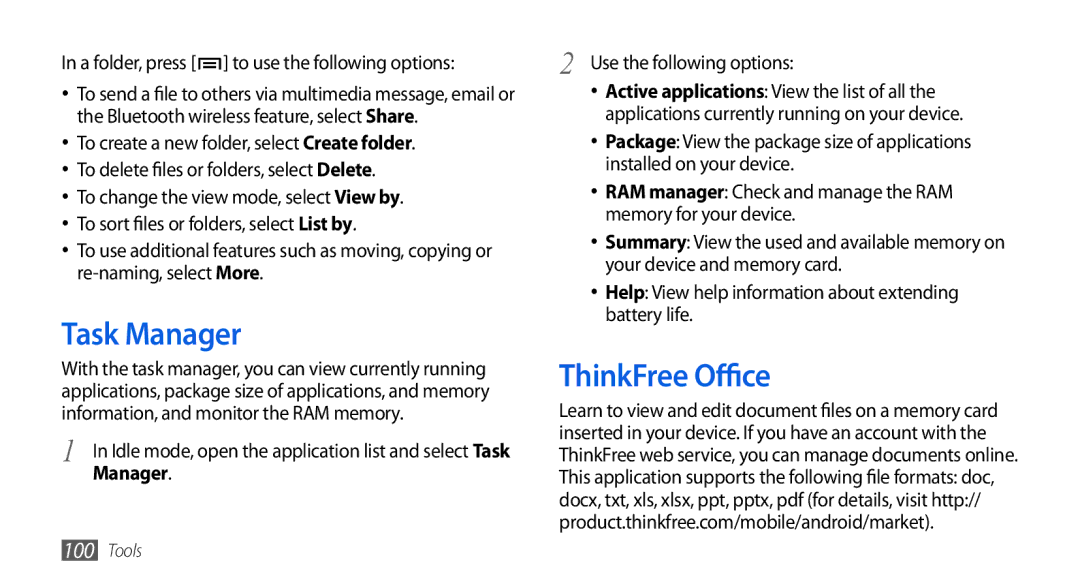 Samsung GT-I5800CWAATL, GT-I5800DKADTM manual Task Manager, ThinkFree Office, A folder, press to use the following options 