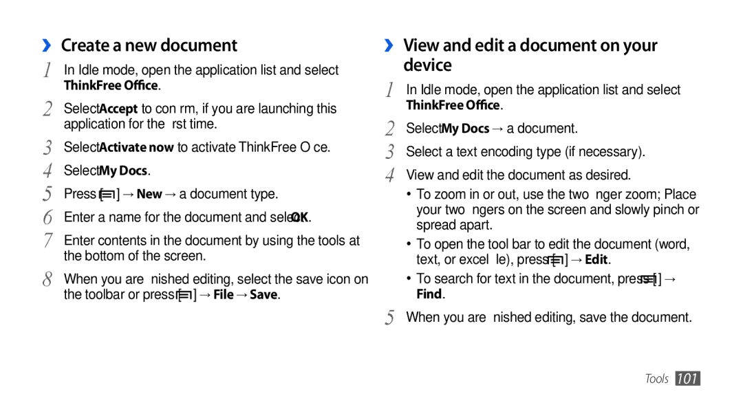 Samsung GT-I5800CWAPRO manual ›› Create a new document, ›› View and edit a document on your device, ThinkFree Office 