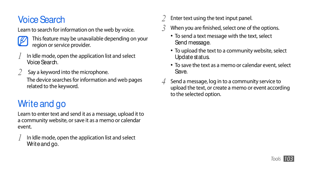 Samsung GT-I5800DKAYOG, GT-I5800DKADTM, GT-I5800DKADBT, GT-I5800DKAATO, GT-I5800DKAXEG manual Voice Search, Write and go 