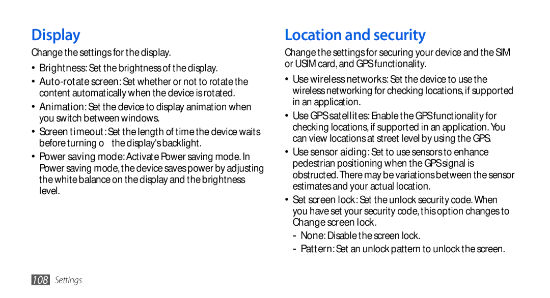 Samsung GT-I5800CWASEB, GT-I5800DKADTM, GT-I5800DKADBT, GT-I5800DKAATO, GT-I5800DKAXEG manual Display, Location and security 