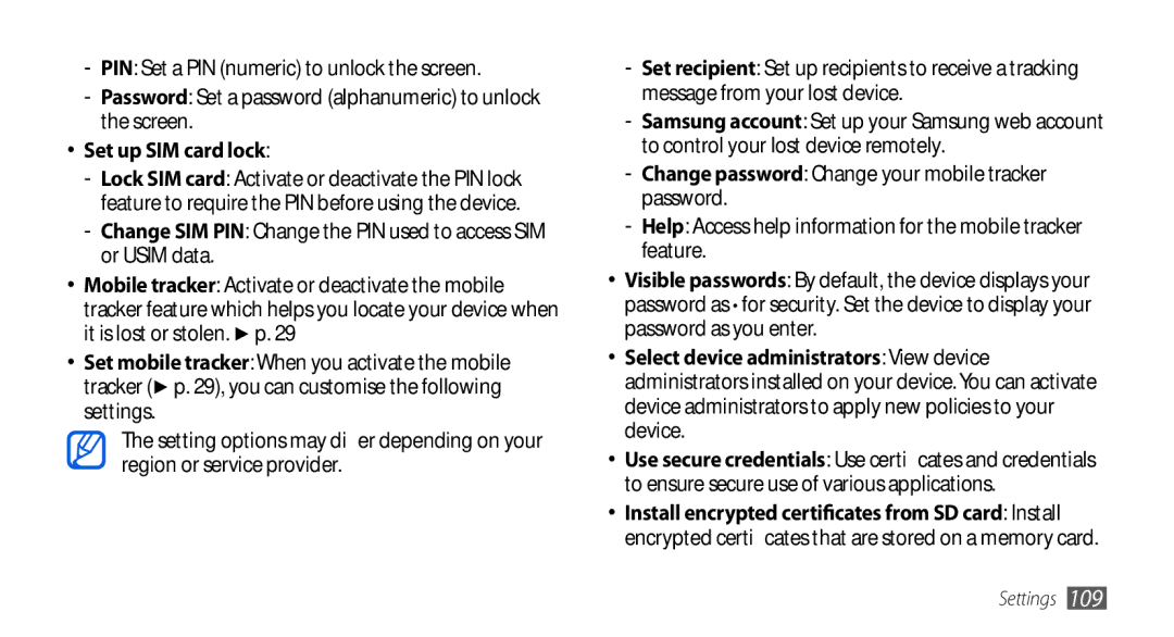 Samsung GT-I5800DKACOS, GT-I5800DKADTM manual Set up SIM card lock, Change password Change your mobile tracker password 