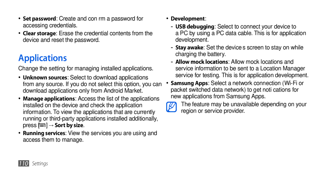 Samsung GT-I5800DKAVGR, GT-I5800DKADTM, GT-I5800DKADBT, GT-I5800DKAATO, GT-I5800DKAXEG manual Applications, Development 