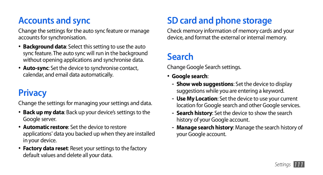 Samsung GT-I5800DKAEUR, GT-I5800DKADTM manual Accounts and sync, Privacy, SD card and phone storage, Search, Google search 