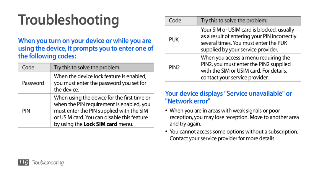 Samsung GT-I5800DKADBT, GT-I5800DKADTM manual Troubleshooting, Your device displays Service unavailable or Network error 