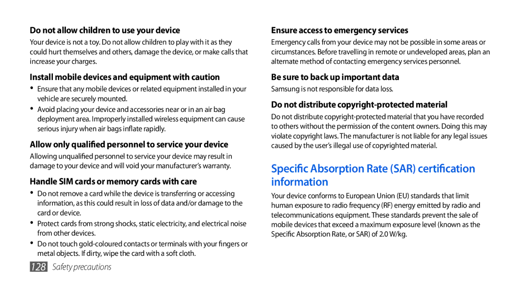 Samsung GT-I5800DKASEB Specific Absorption Rate SAR certification information, Do not allow children to use your device 