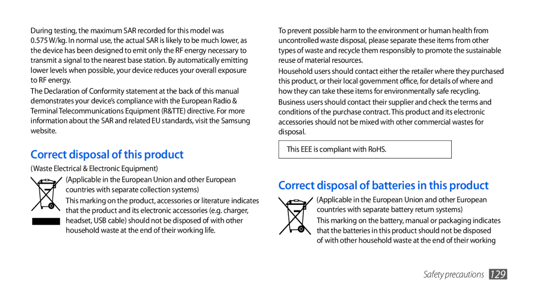 Samsung GT-I5800DKAXEZ, GT-I5800DKADTM Correct disposal of this product, Correct disposal of batteries in this product 