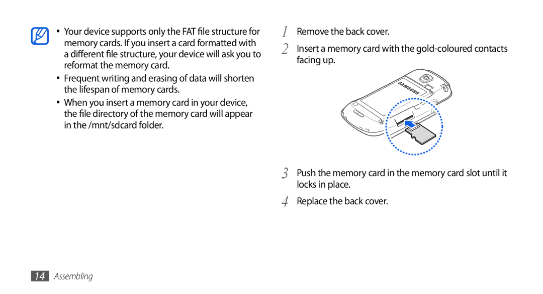 Samsung GT-I5800DKAXEZ, GT-I5800DKADTM, GT-I5800DKADBT, GT-I5800DKAATO, GT-I5800DKAXEG manual Facing up, Locks in place 